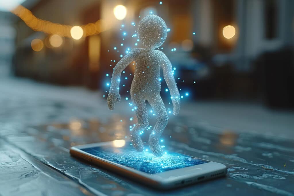 3D AI character emerging from smartphone screen, symbolizing AI in healthcare and health chatbot technology innovation.