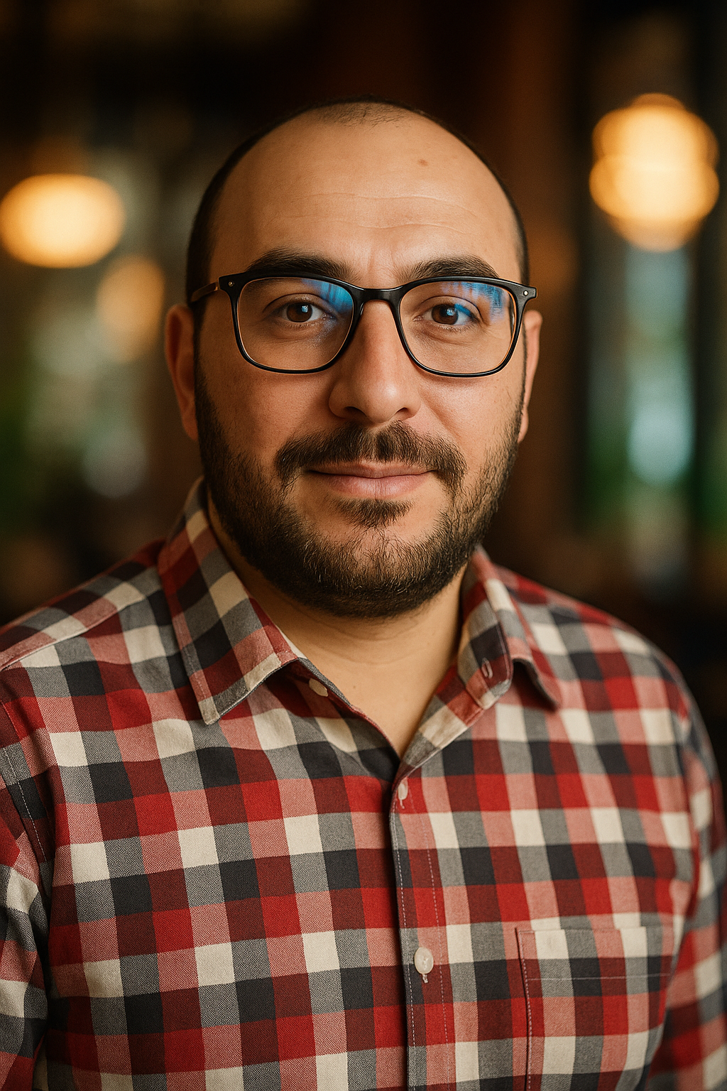 Portrait of the Lead Content Writer at Grow Metrix, wearing a checkered shirt and glasses, symbolizing creative direction and brand voice expertise.