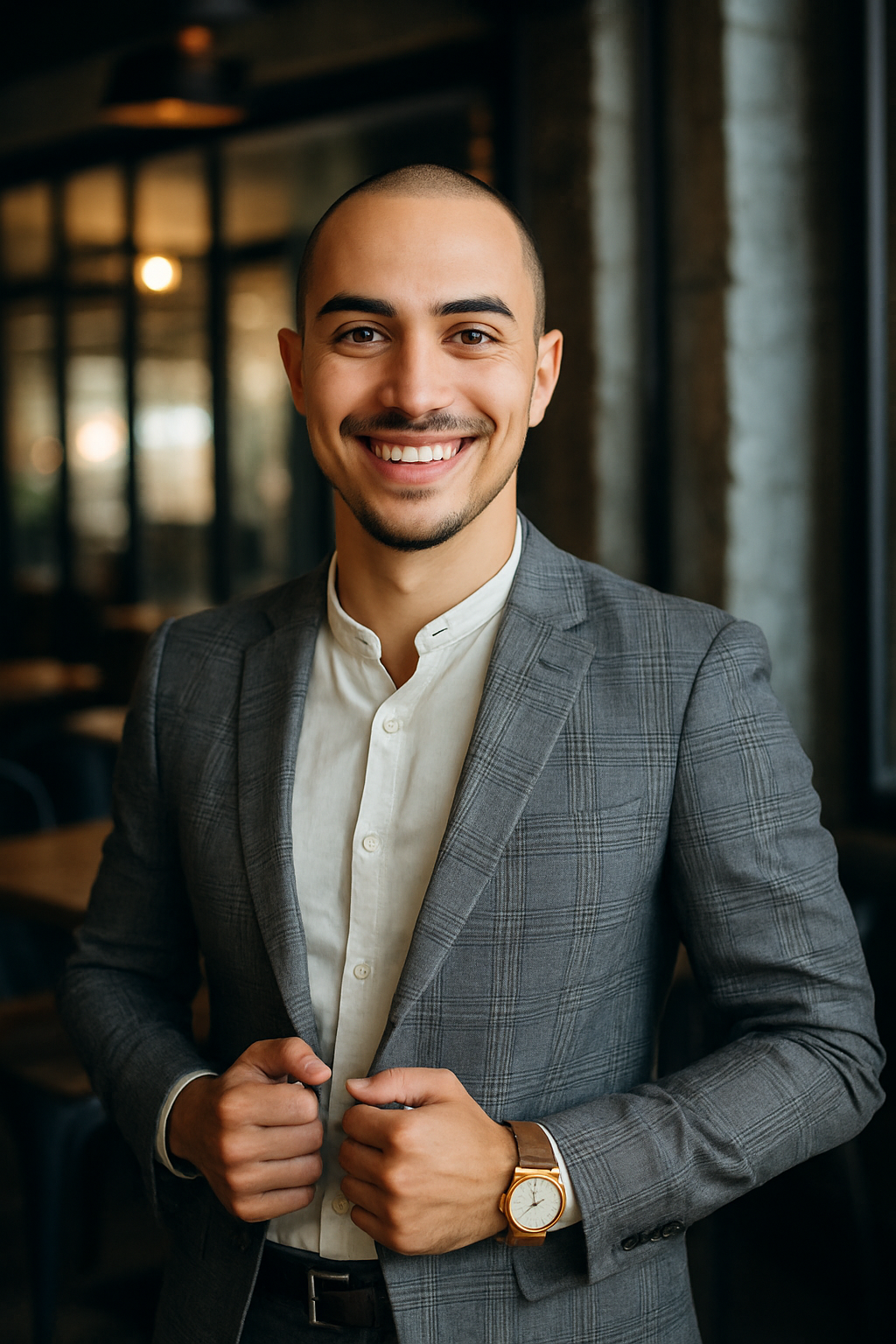 Portrait of the web developer at Grow Metrix, wearing a grey suit and smiling confidently, symbolizing custom-coded digital solutions.