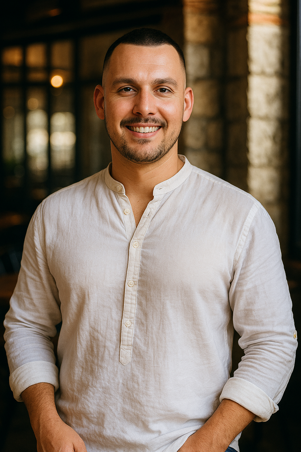 Portrait of the front-end developer at Grow Metrix, smiling in a casual white shirt, representing the UI/UX and web development expertise behind the agency’s digital experiences.
