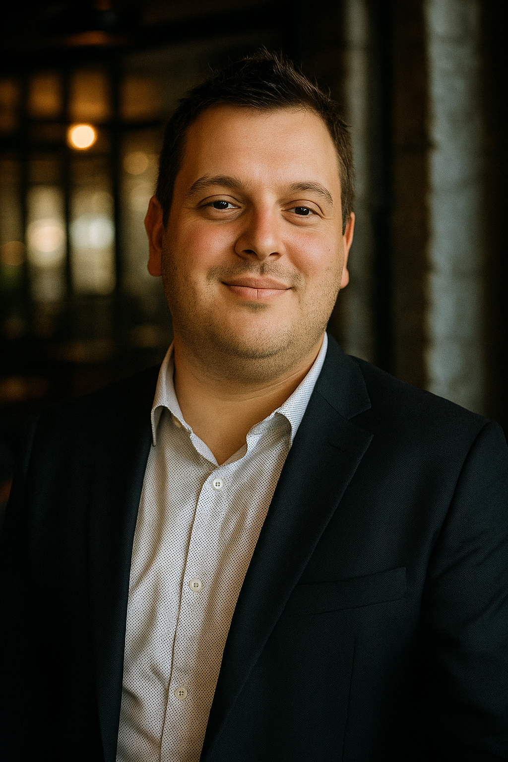 Portrait of SEO expert of Grow Metrix, wearing a dark blazer and white shirt in a modern workspace.