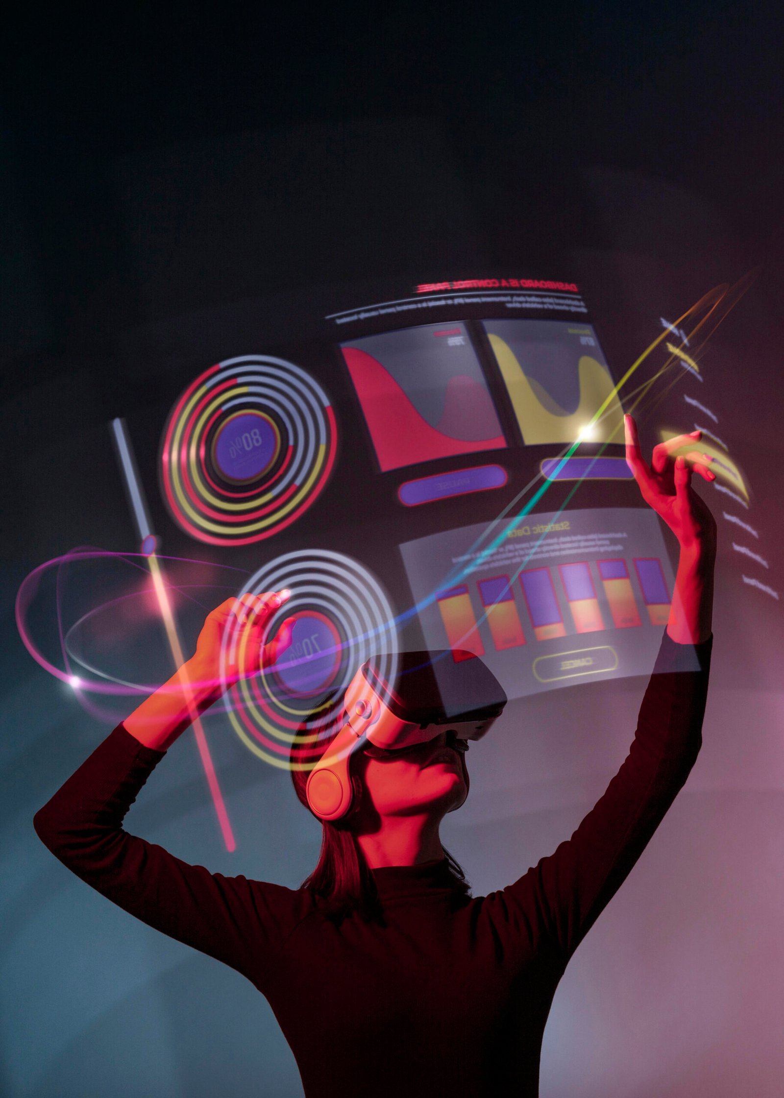 Woman wearing VR headset interacting with futuristic digital dashboard and glowing UI graphs
